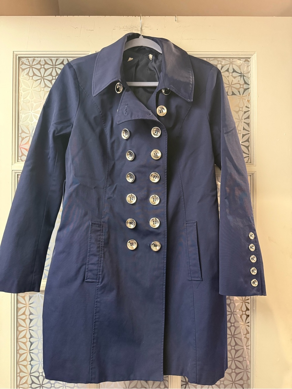 New York & company navy blue trench coat jacket large